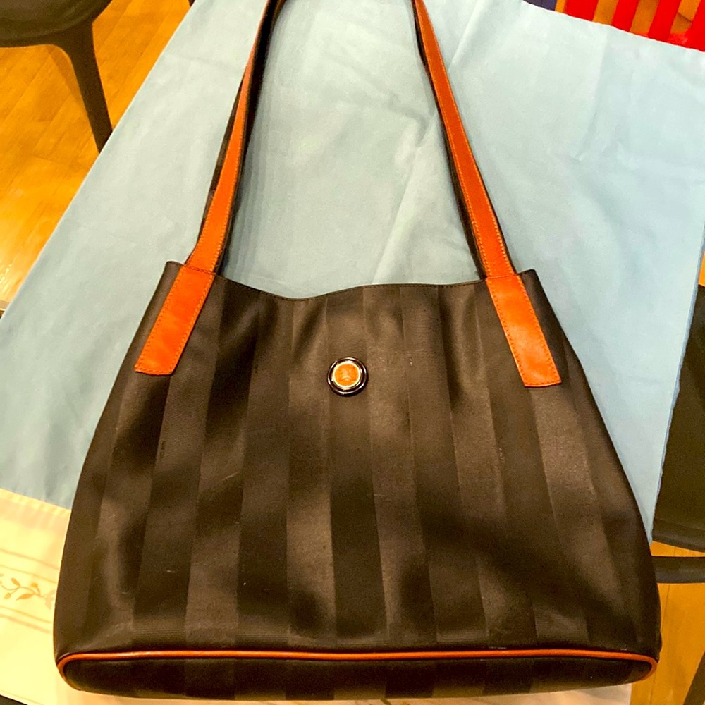 Fendi bag black with brown leather contrast. Multi compartment vintage bag